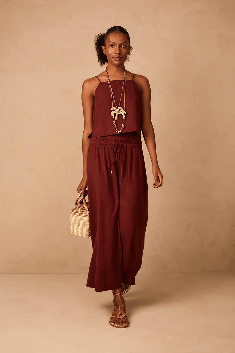 Brown Caffeine Drawstring Waist Linen Maxi Skirt_1