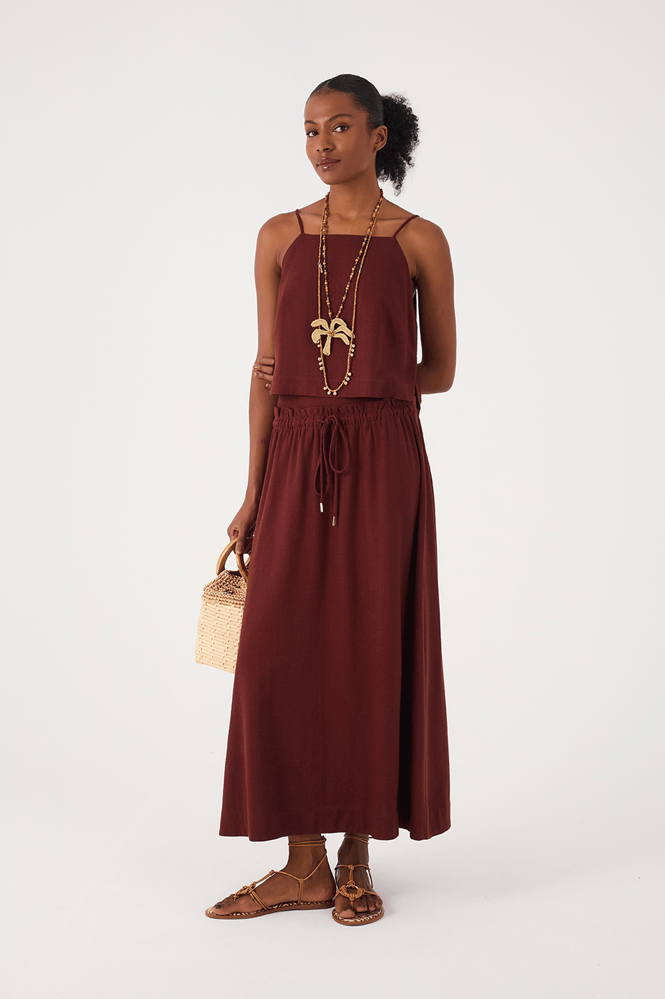 Brown Caffeine Drawstring Waist Linen Maxi Skirt