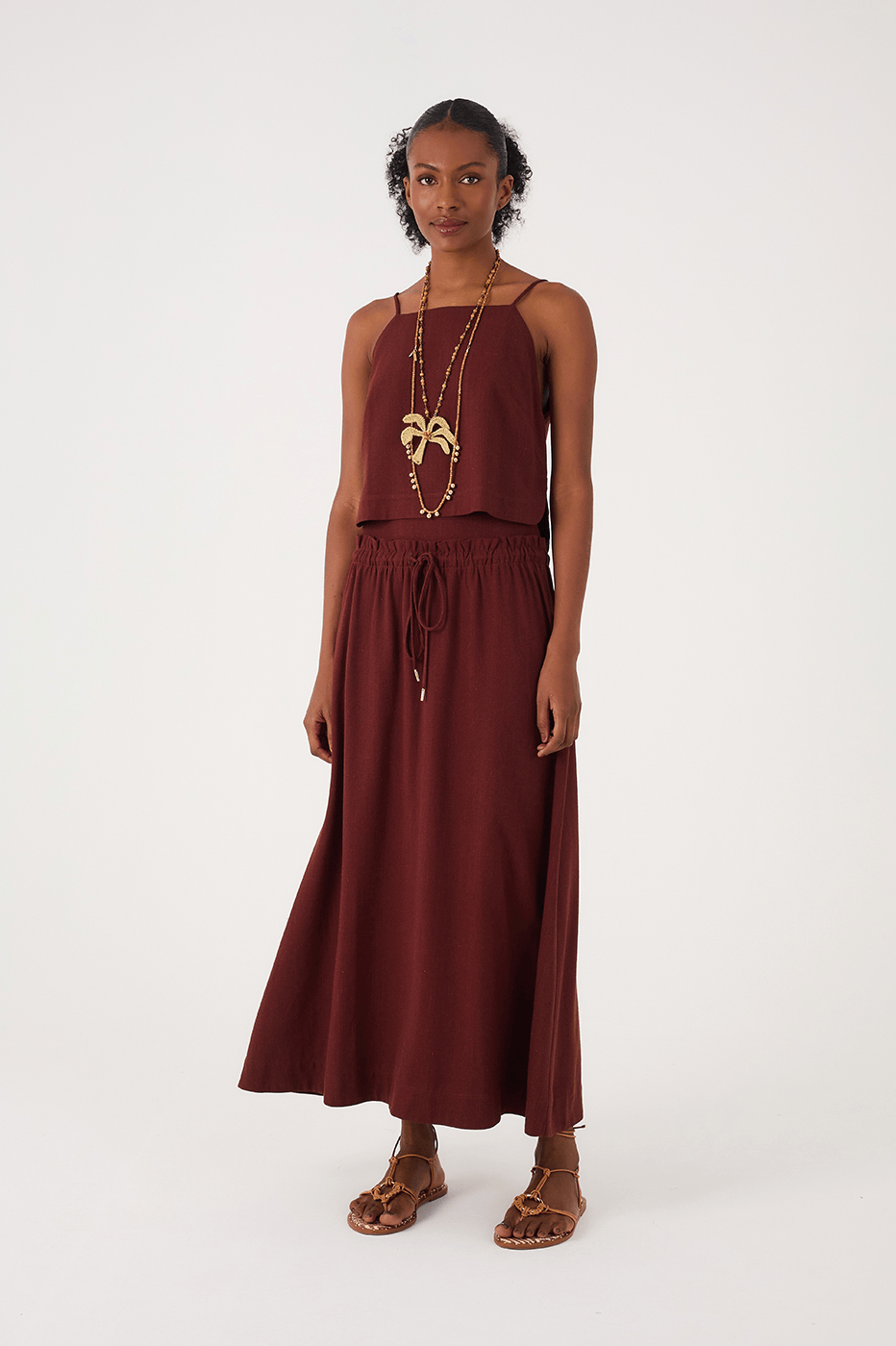 Brown Caffeine Drawstring Waist Linen Maxi Skirt