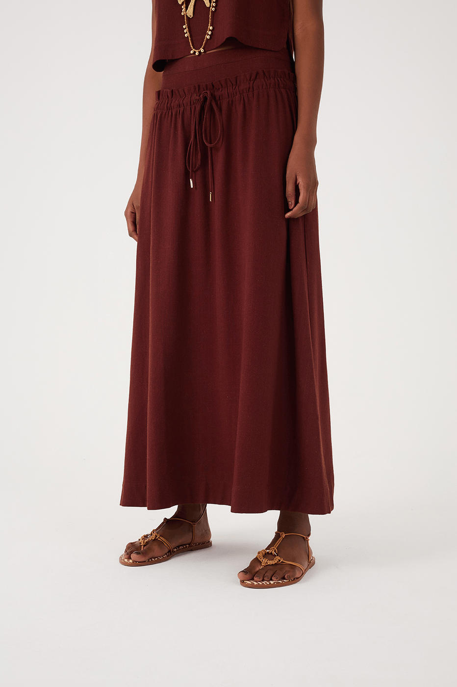 Brown Caffeine Drawstring Waist Linen Maxi Skirt