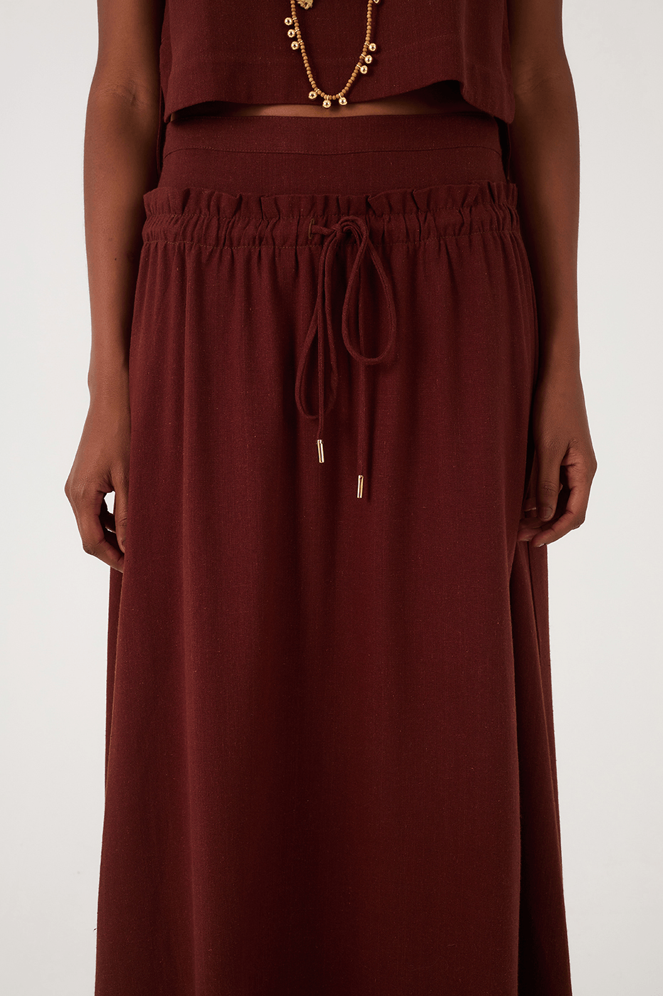 Brown Caffeine Drawstring Waist Linen Maxi Skirt