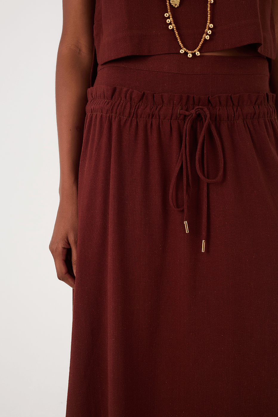 Brown Caffeine Drawstring Waist Linen Maxi Skirt