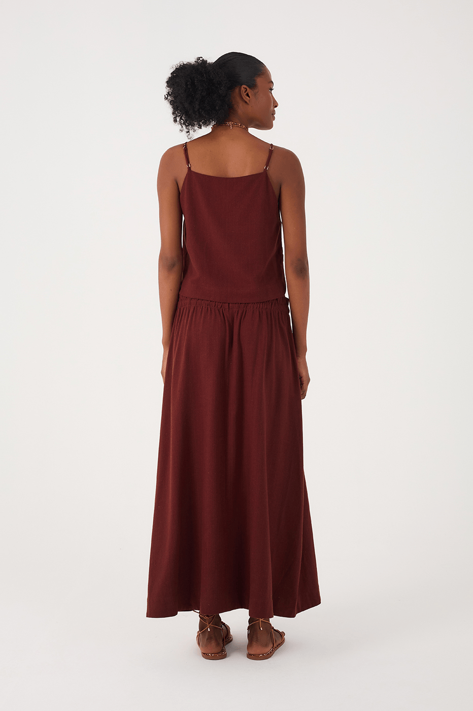 Brown Caffeine Drawstring Waist Linen Maxi Skirt
