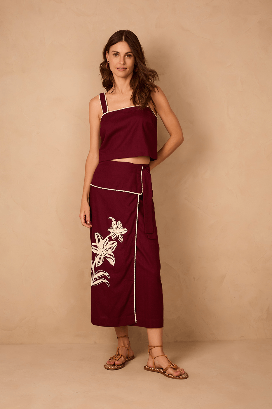Wine Bossa Embroidered Flowers Side Ties Maxi Skirt