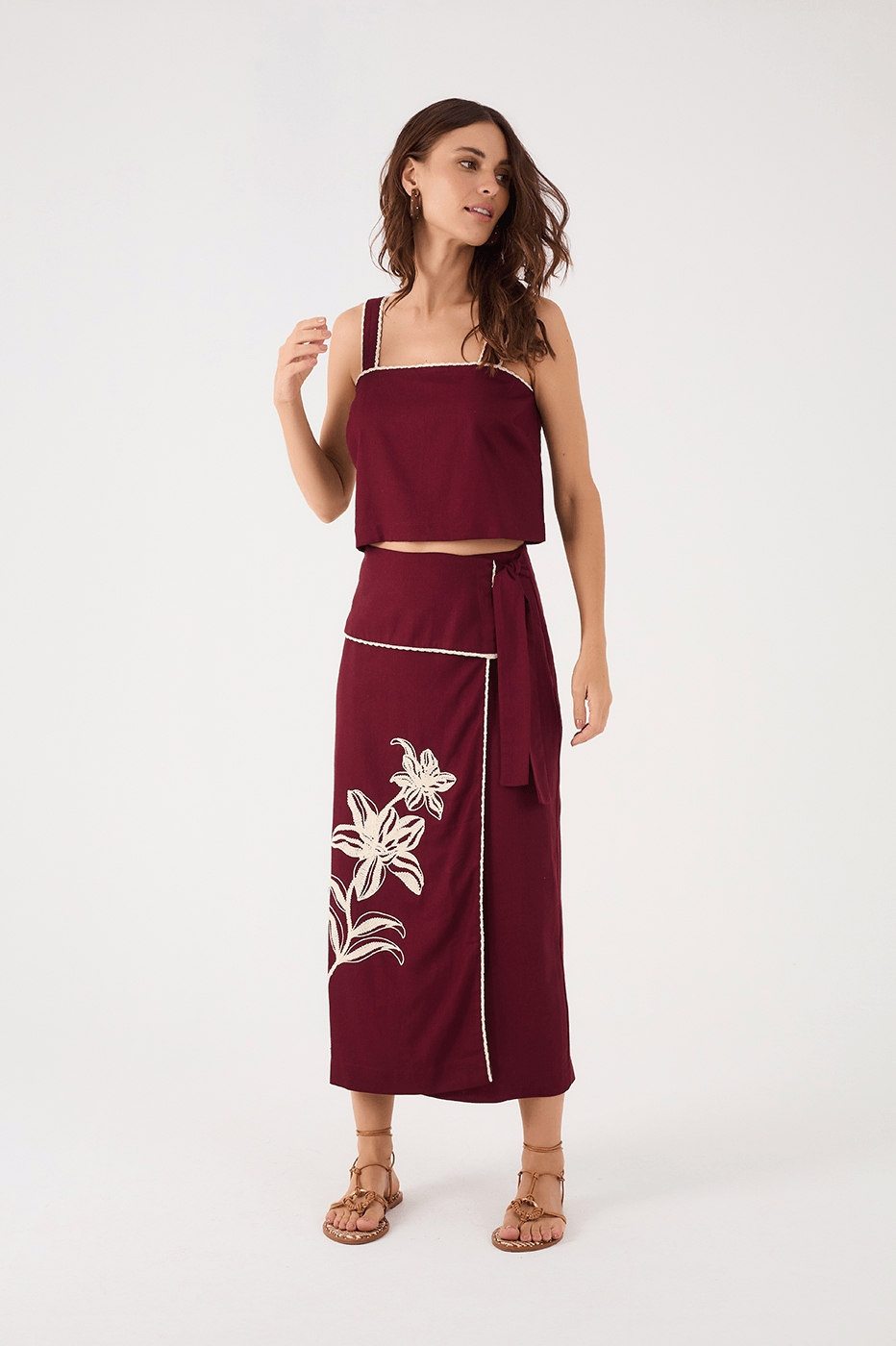 Wine Bossa Embroidered Flowers Side Ties Maxi Skirt