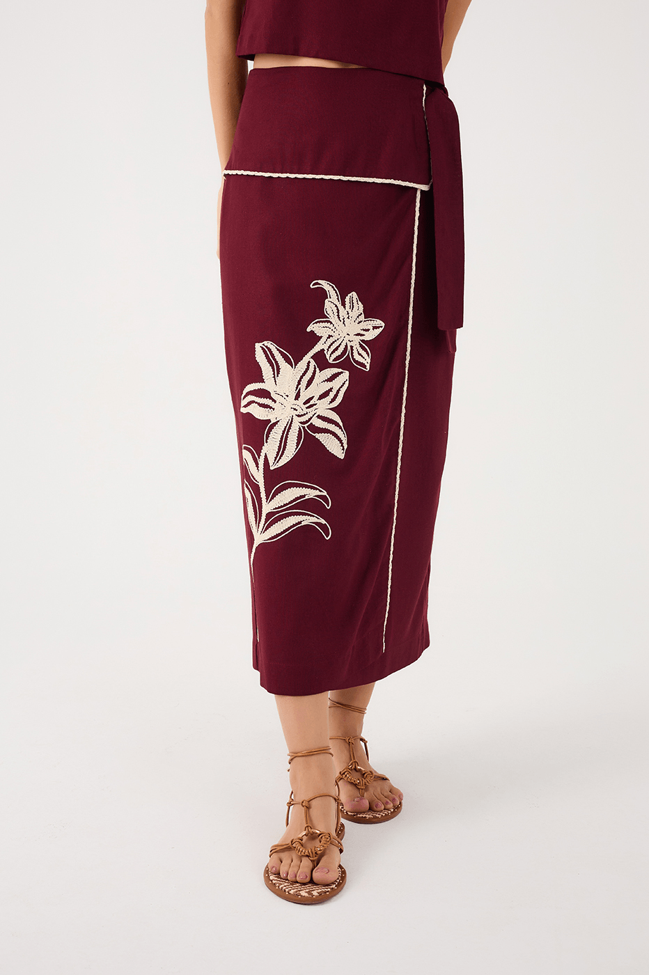 Wine Bossa Embroidered Flowers Side Ties Maxi Skirt
