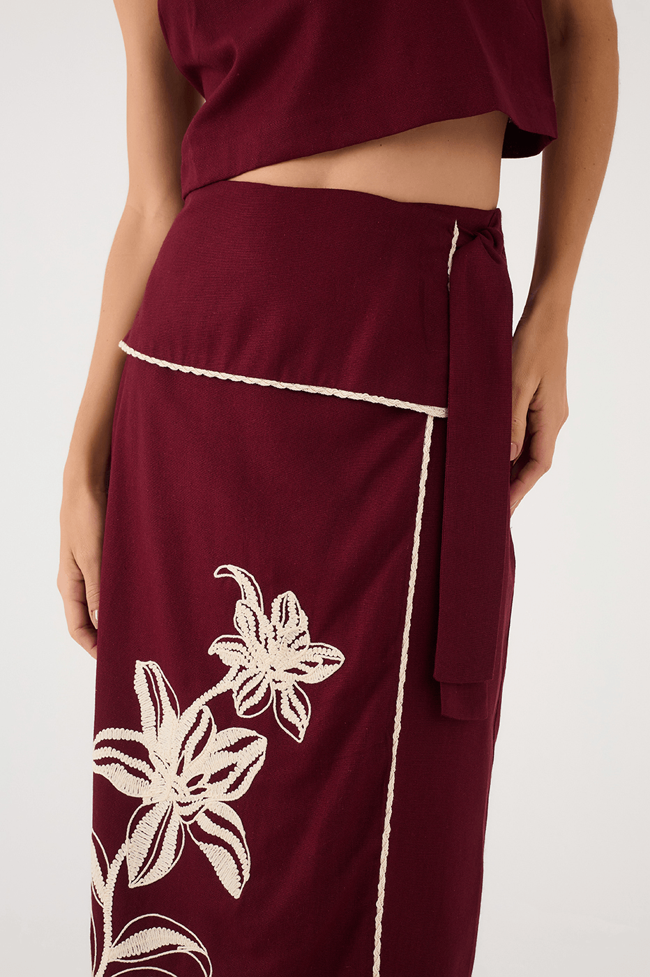 Wine Bossa Embroidered Flowers Side Ties Maxi Skirt