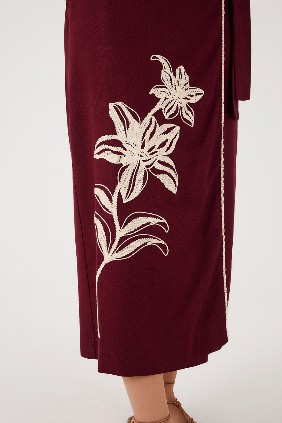 Wine Bossa Embroidered Flowers Side Ties Maxi Skirt