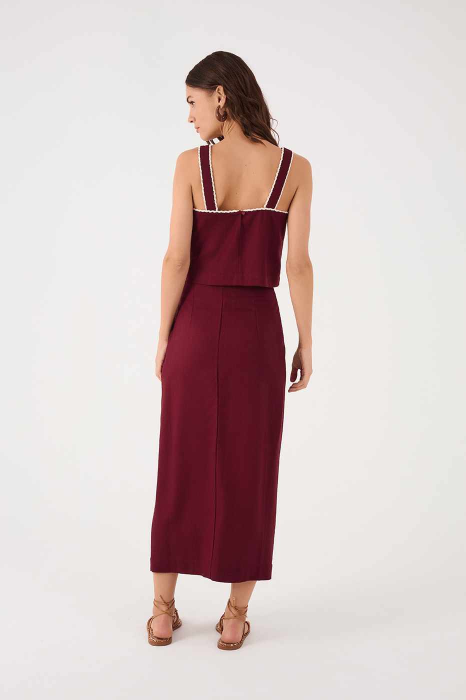 Wine Bossa Embroidered Flowers Side Ties Maxi Skirt