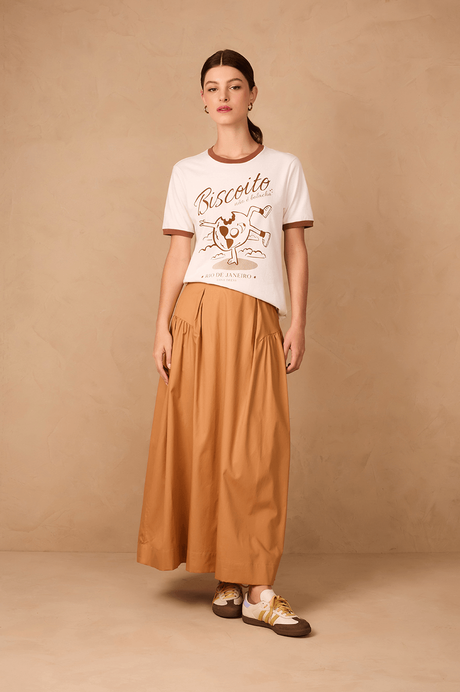 Beige Leme Ruched Elastic Waist Maxi Skirt