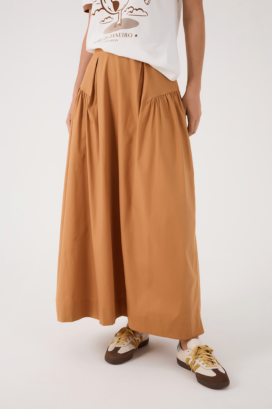 Beige Leme Ruched Elastic Waist Maxi Skirt