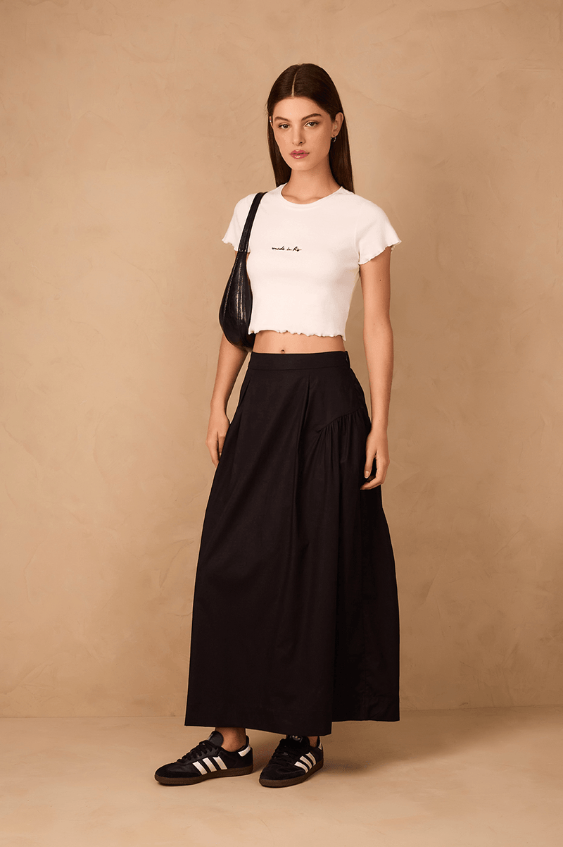 Black Ruched Elastic Waist Maxi Skirt_1