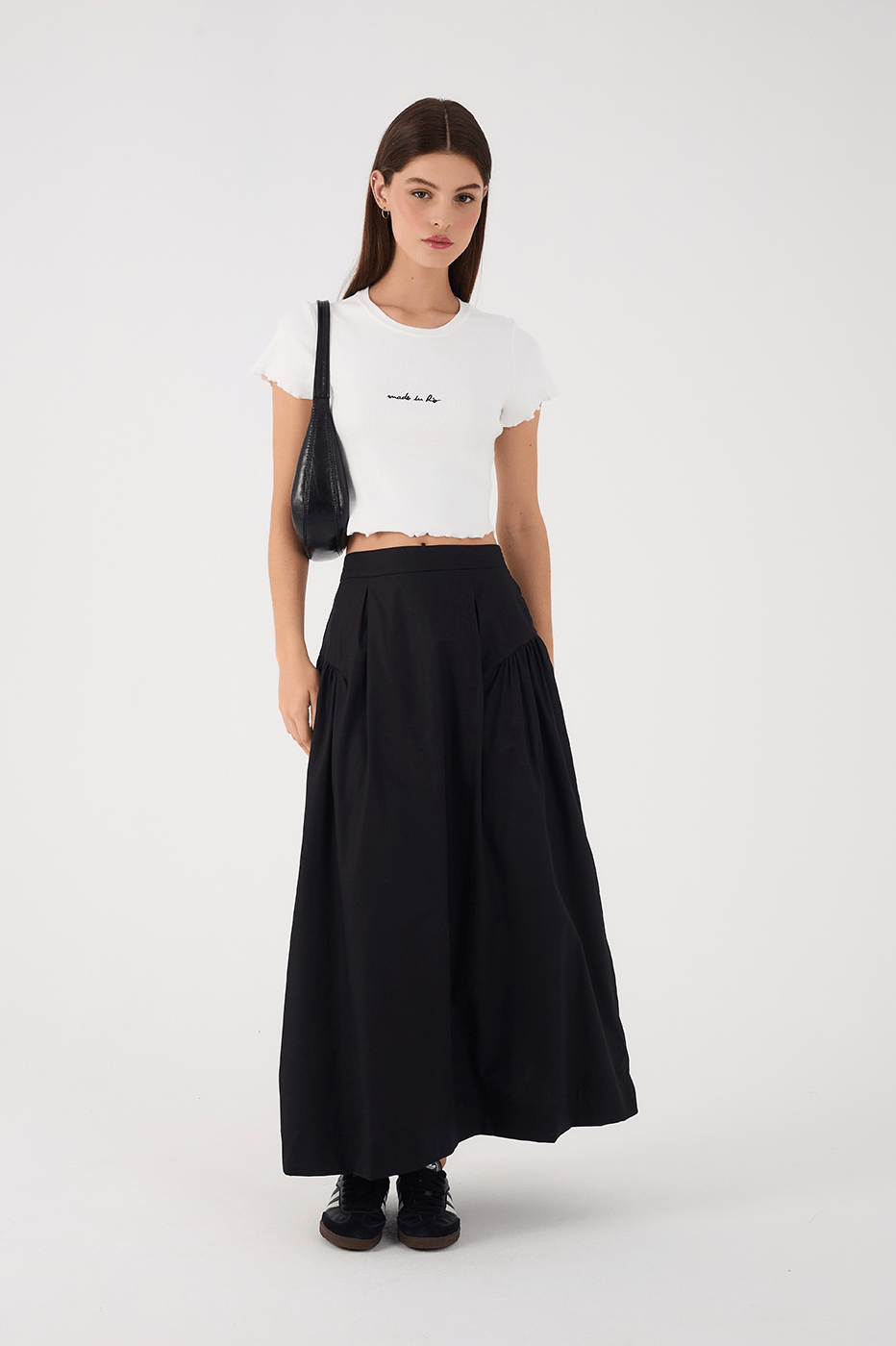 Black Ruched Elastic Waist Maxi Skirt