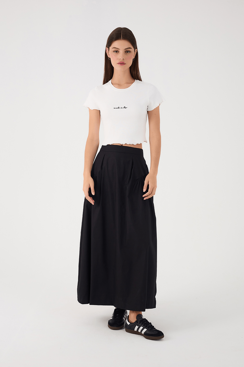 Black Ruched Elastic Waist Maxi Skirt