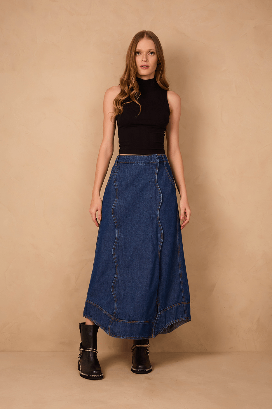 Denim Asymmetric Side Pockets Front Slit Maxi Skirt
