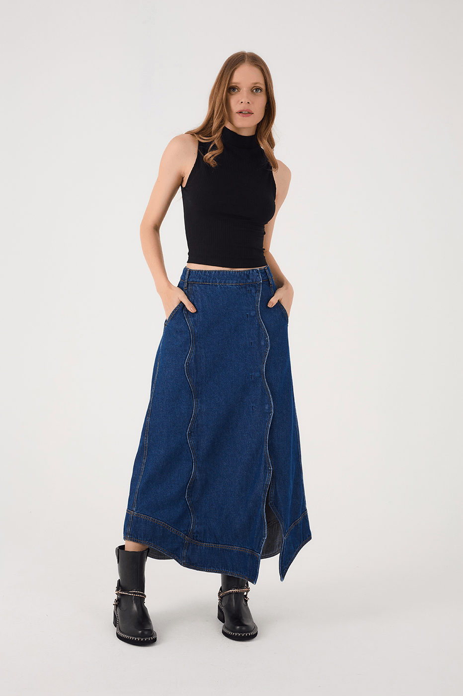 Denim Asymmetric Side Pockets Front Slit Maxi Skirt