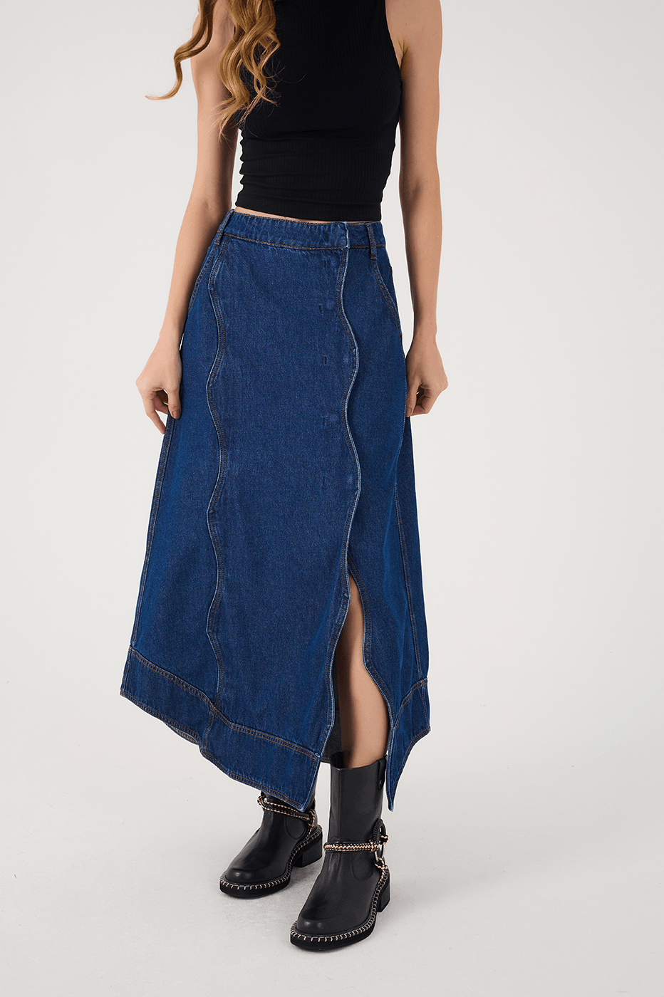 Denim Asymmetric Side Pockets Front Slit Maxi Skirt