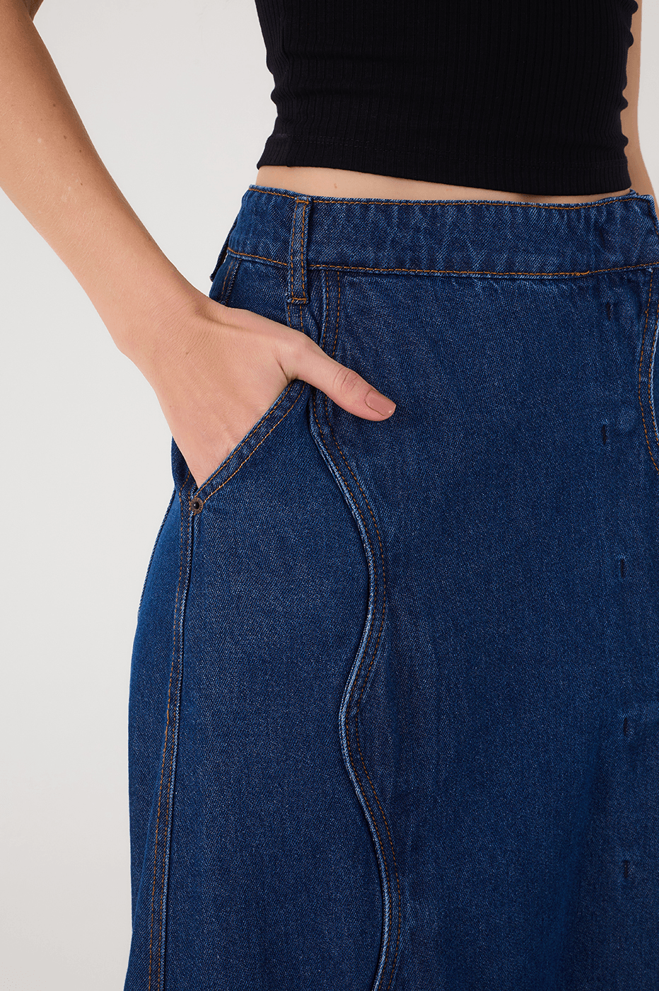 Denim Asymmetric Side Pockets Front Slit Maxi Skirt