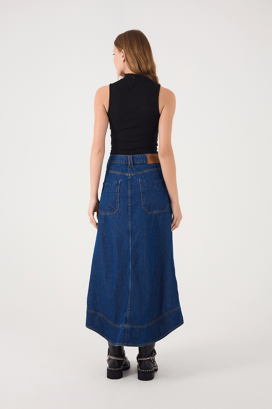 Denim Asymmetric Side Pockets Front Slit Maxi Skirt