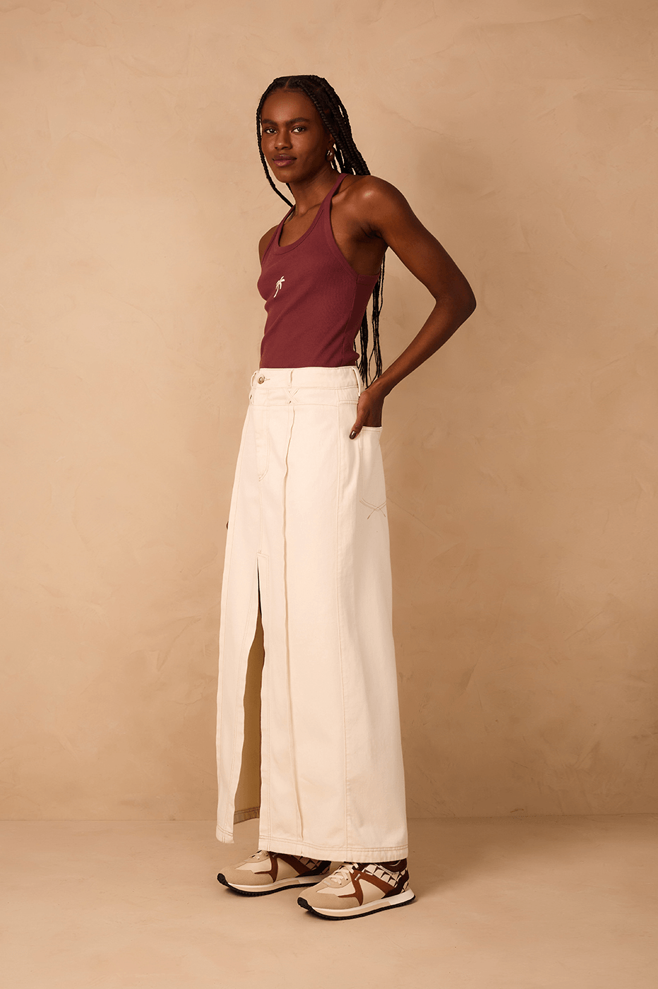 Off-White Double Waistline Front Slit Twill Maxi Skirt