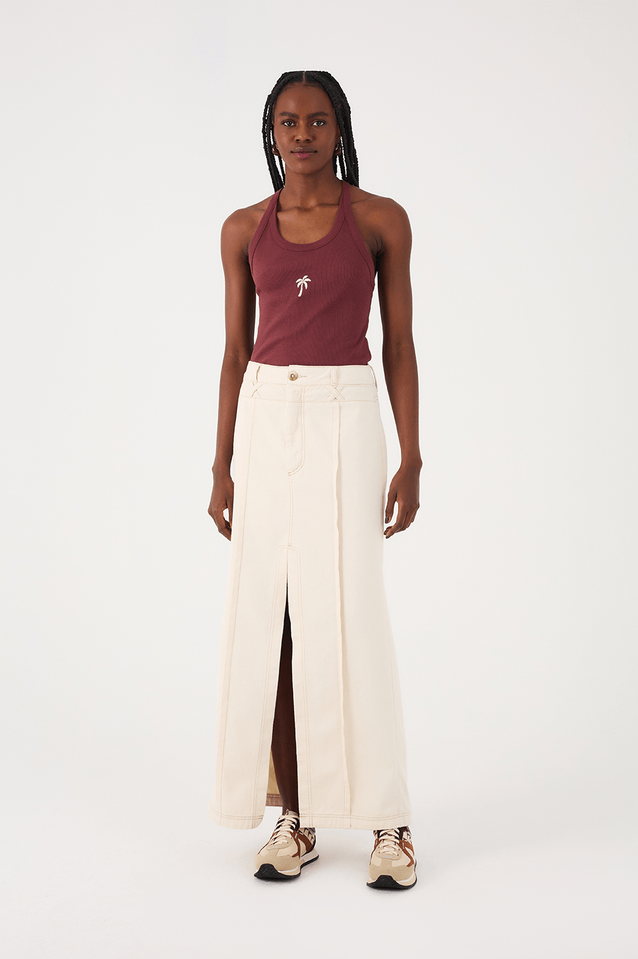 Off-White Double Waistline Front Slit Twill Maxi Skirt