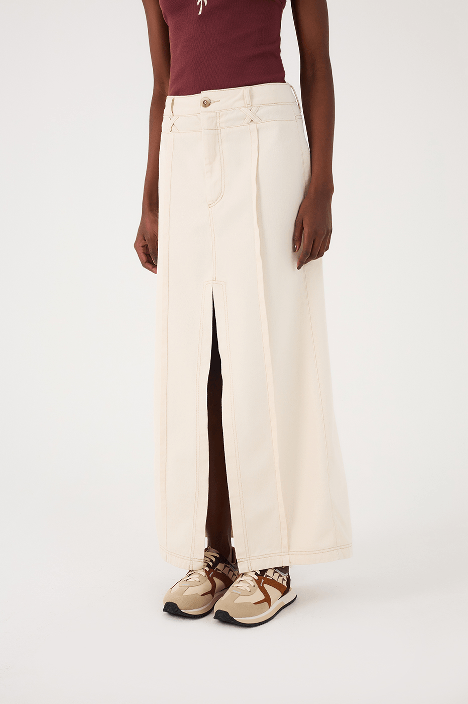 Off-White Double Waistline Front Slit Twill Maxi Skirt