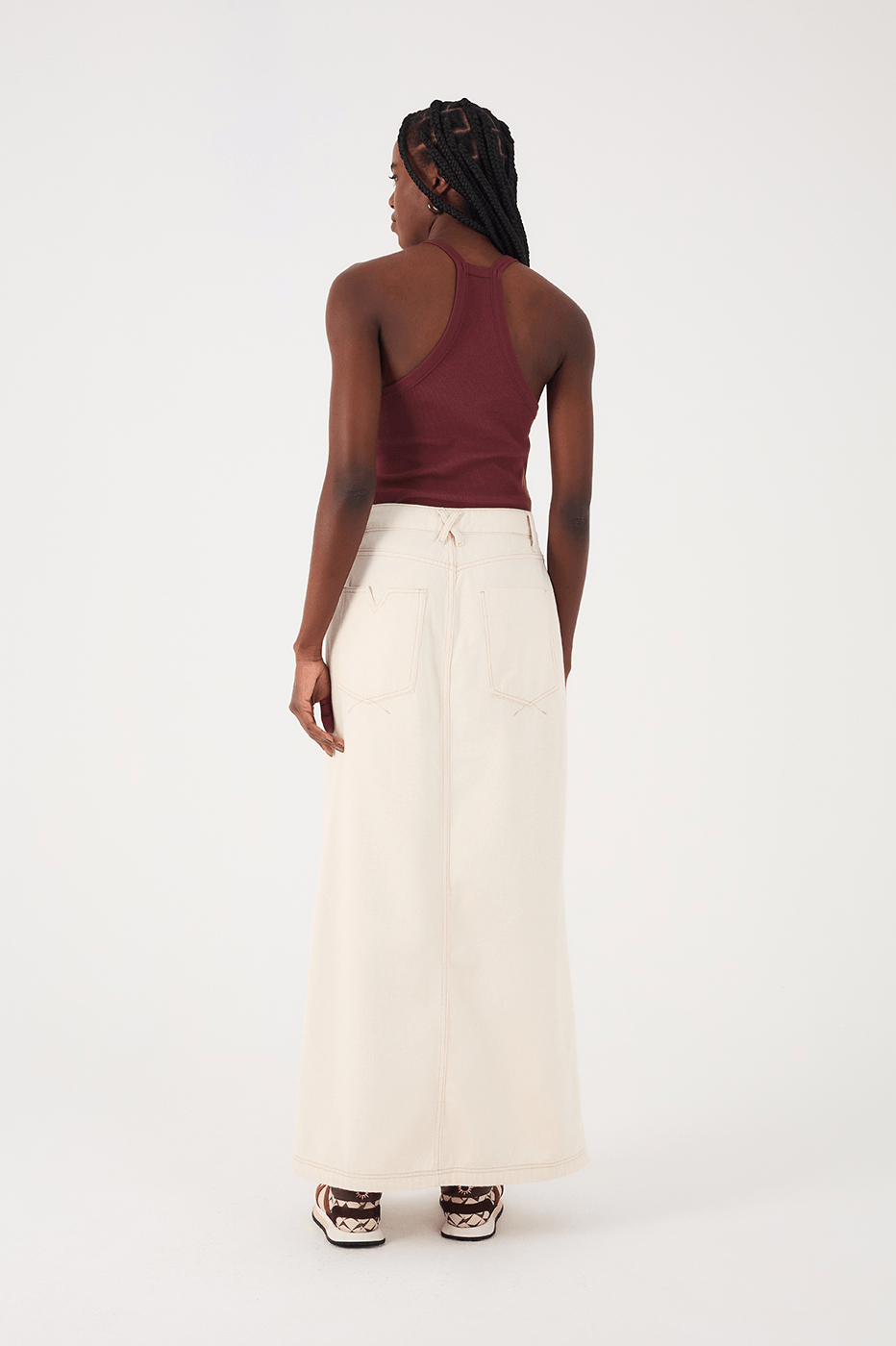 Off-White Double Waistline Front Slit Twill Maxi Skirt