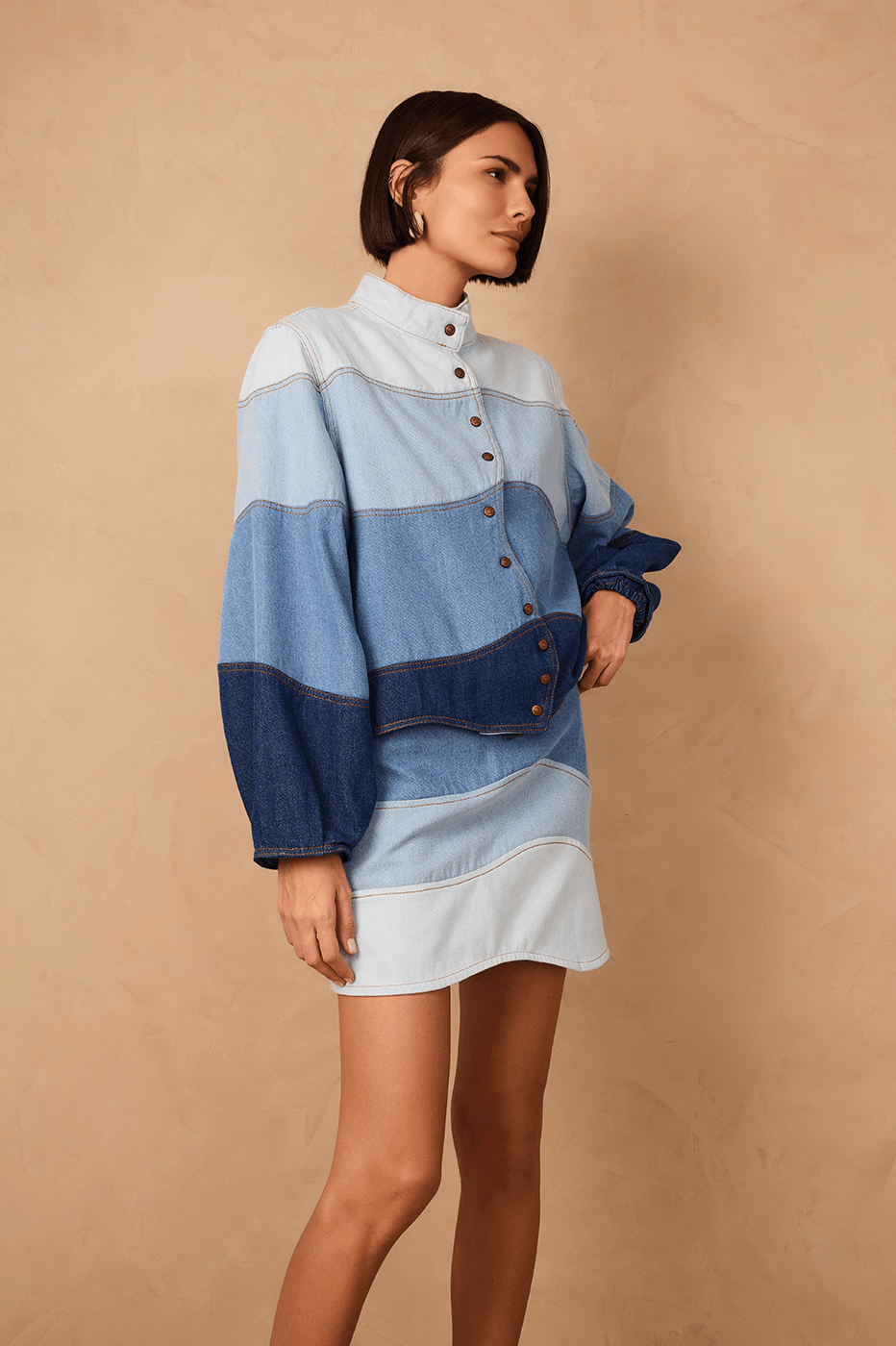 Denim Mixed Waves Asymmetric Mini Skirt