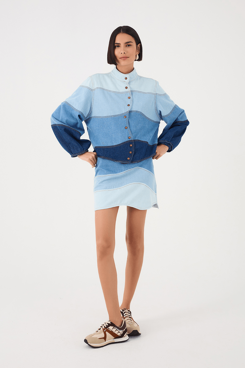 Denim Mixed Waves Asymmetric Mini Skirt