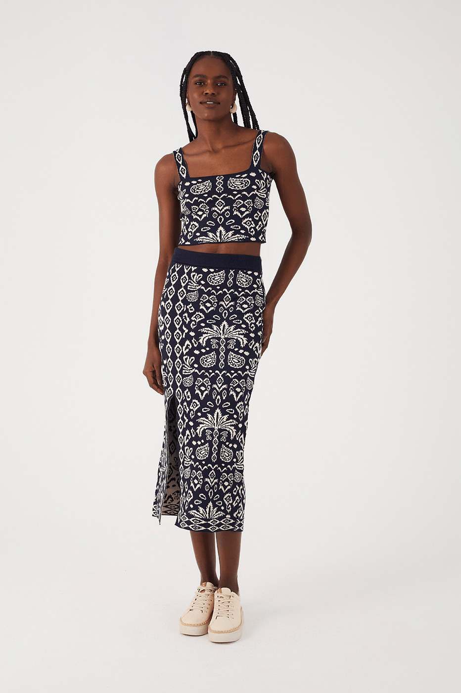 Black Tropikat Front Slit Slim Tricot Maxi Skirt