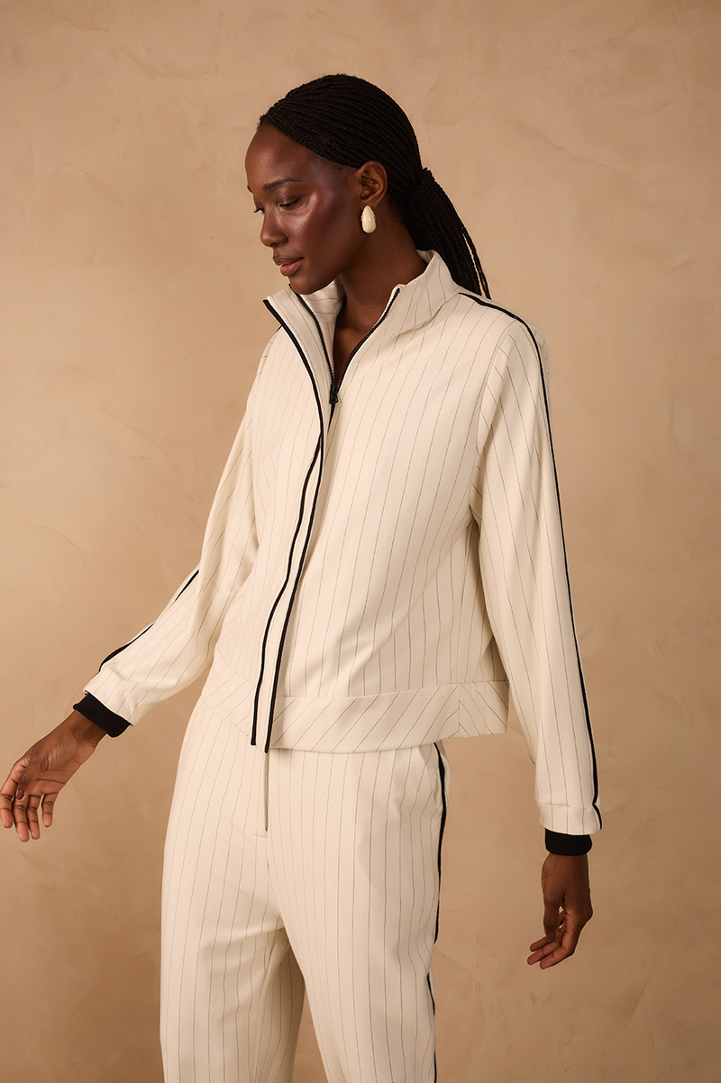 Beige Pinstripe High Neck Front Zipper Jacket_1