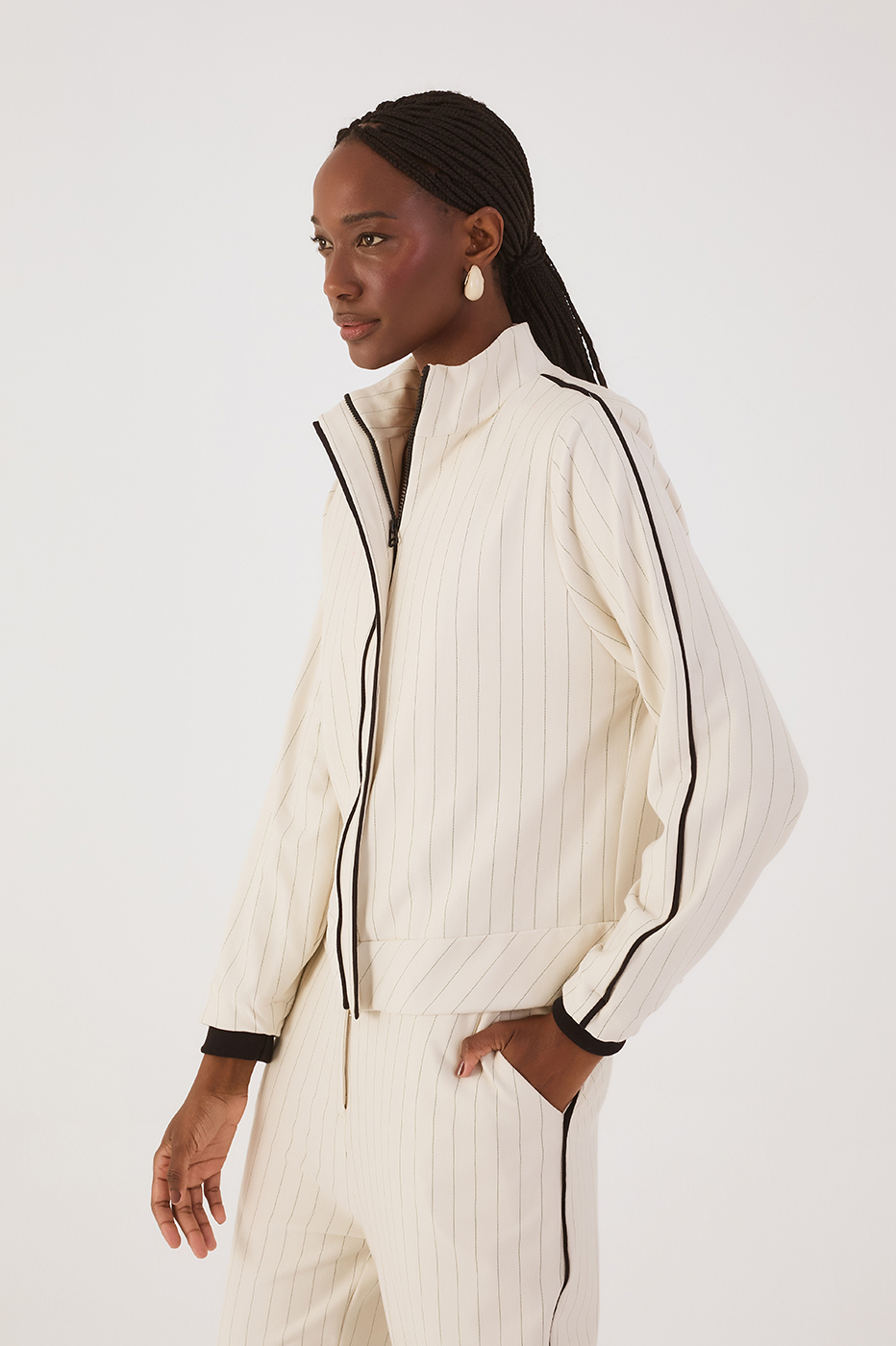 Beige Pinstripe High Neck Front Zipper Jacket