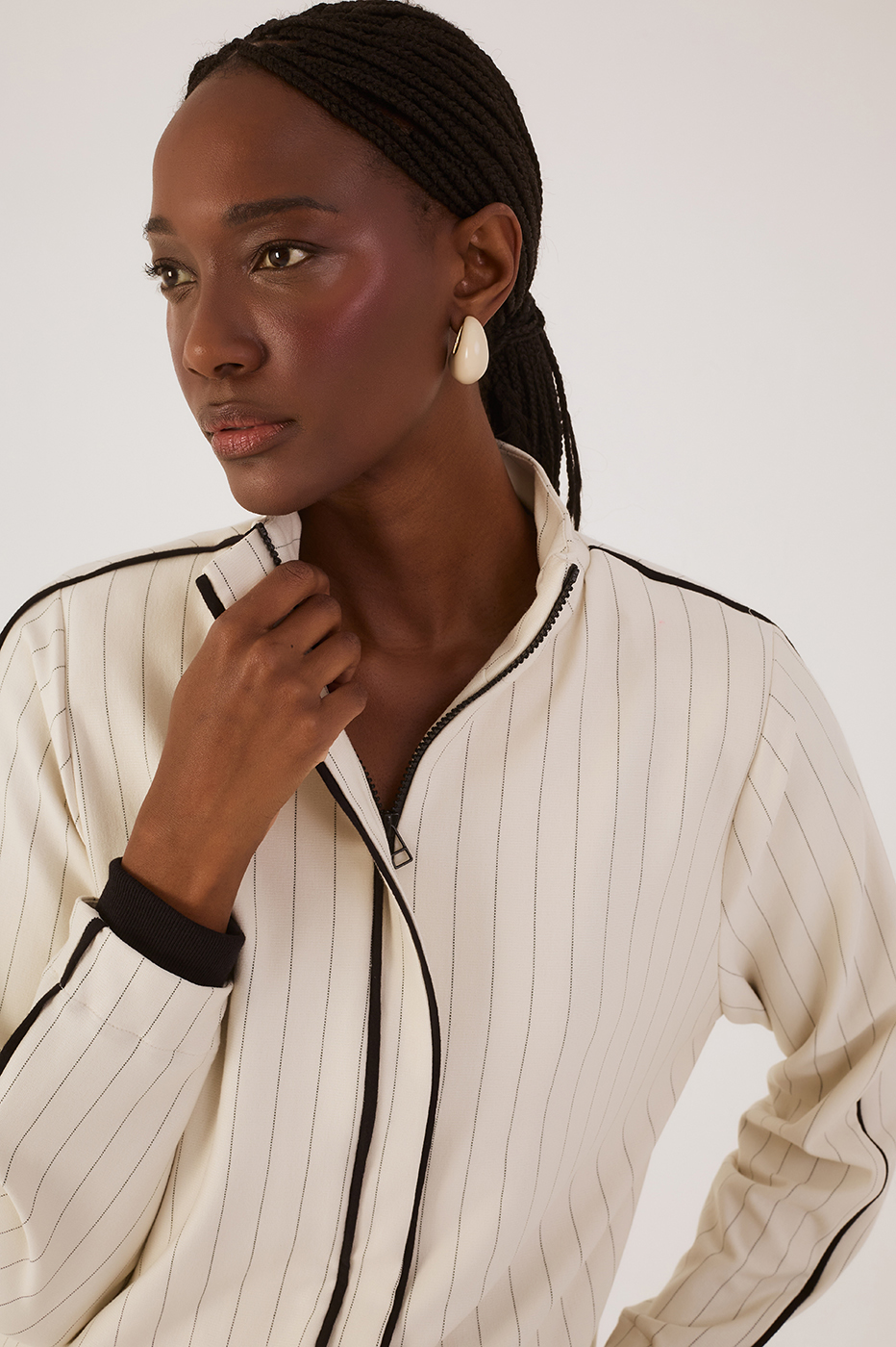 Beige Pinstripe High Neck Front Zipper Jacket