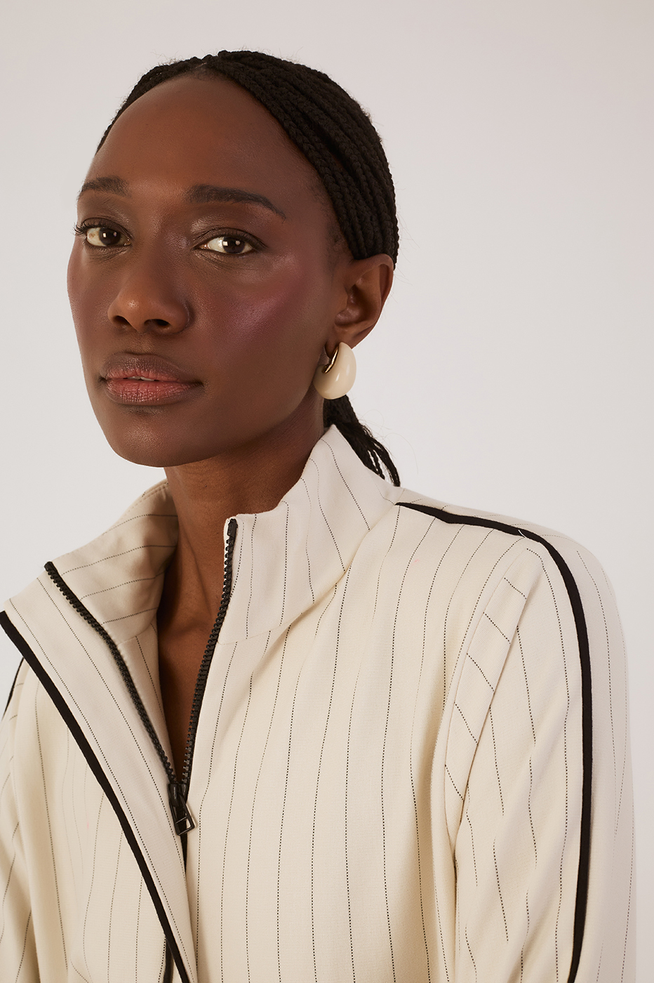 Beige Pinstripe High Neck Front Zipper Jacket