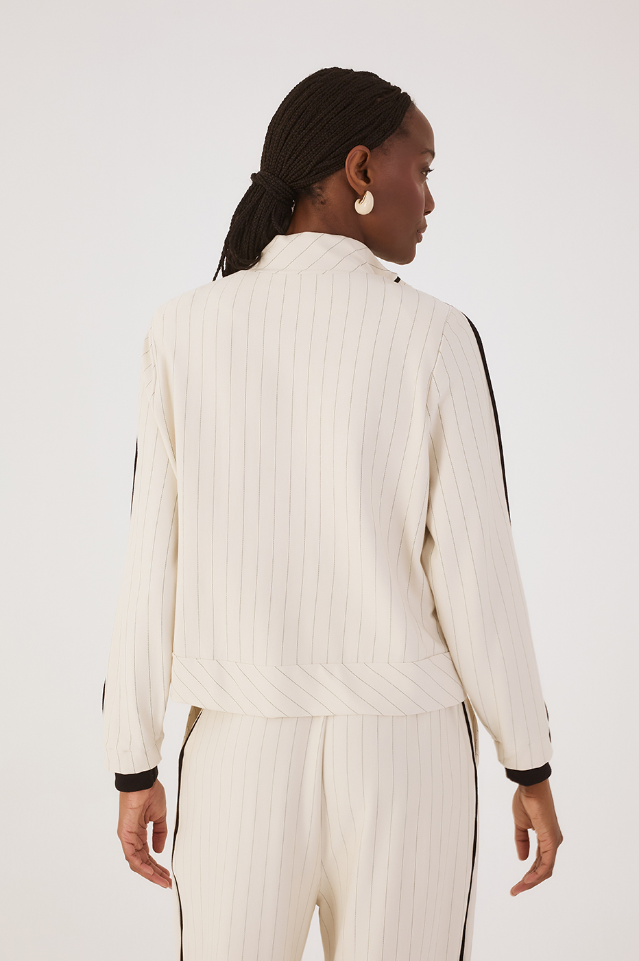 Beige Pinstripe High Neck Front Zipper Jacket