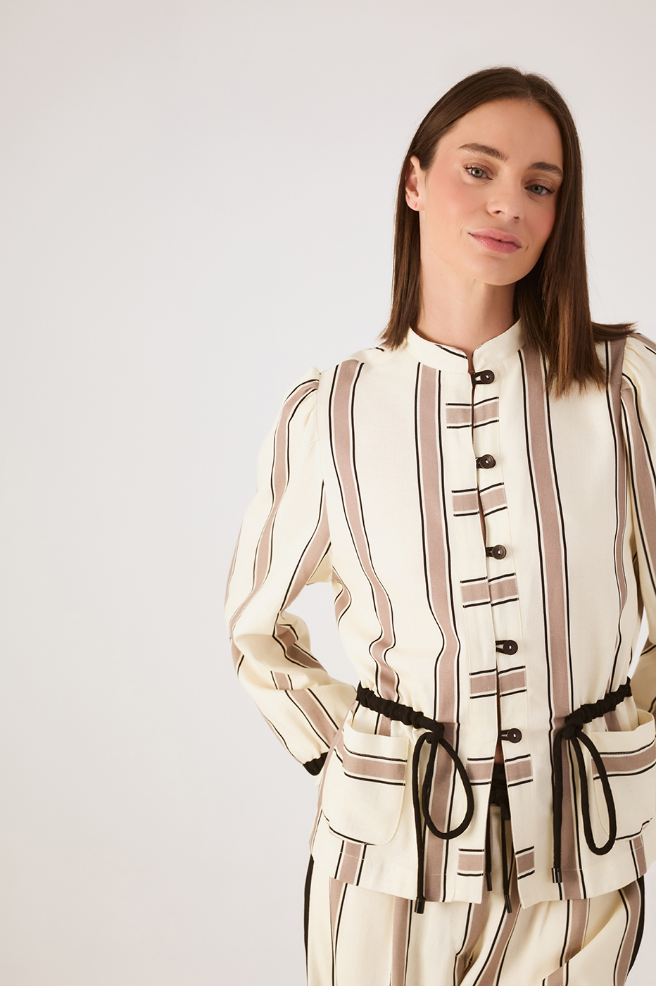 Beige Parque Stripes Buttoned Adjustable Waist Parka Jacket