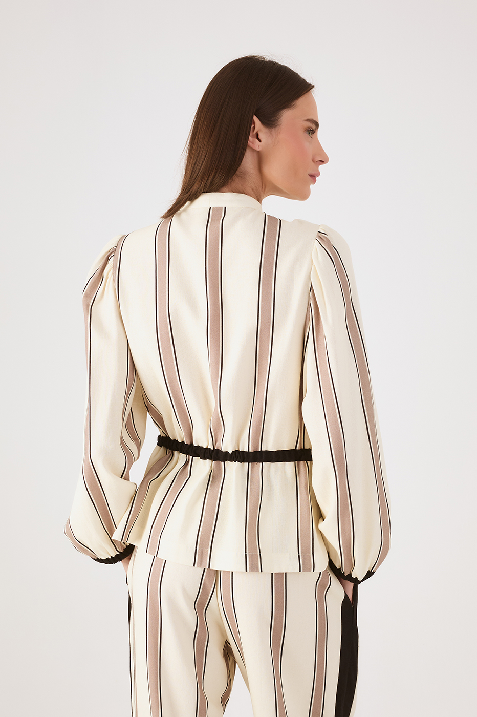 Beige Parque Stripes Buttoned Adjustable Waist Parka Jacket