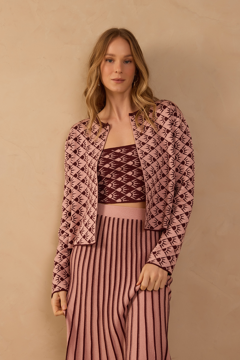 Wine Long Sleeve Tricot Cardigan_1