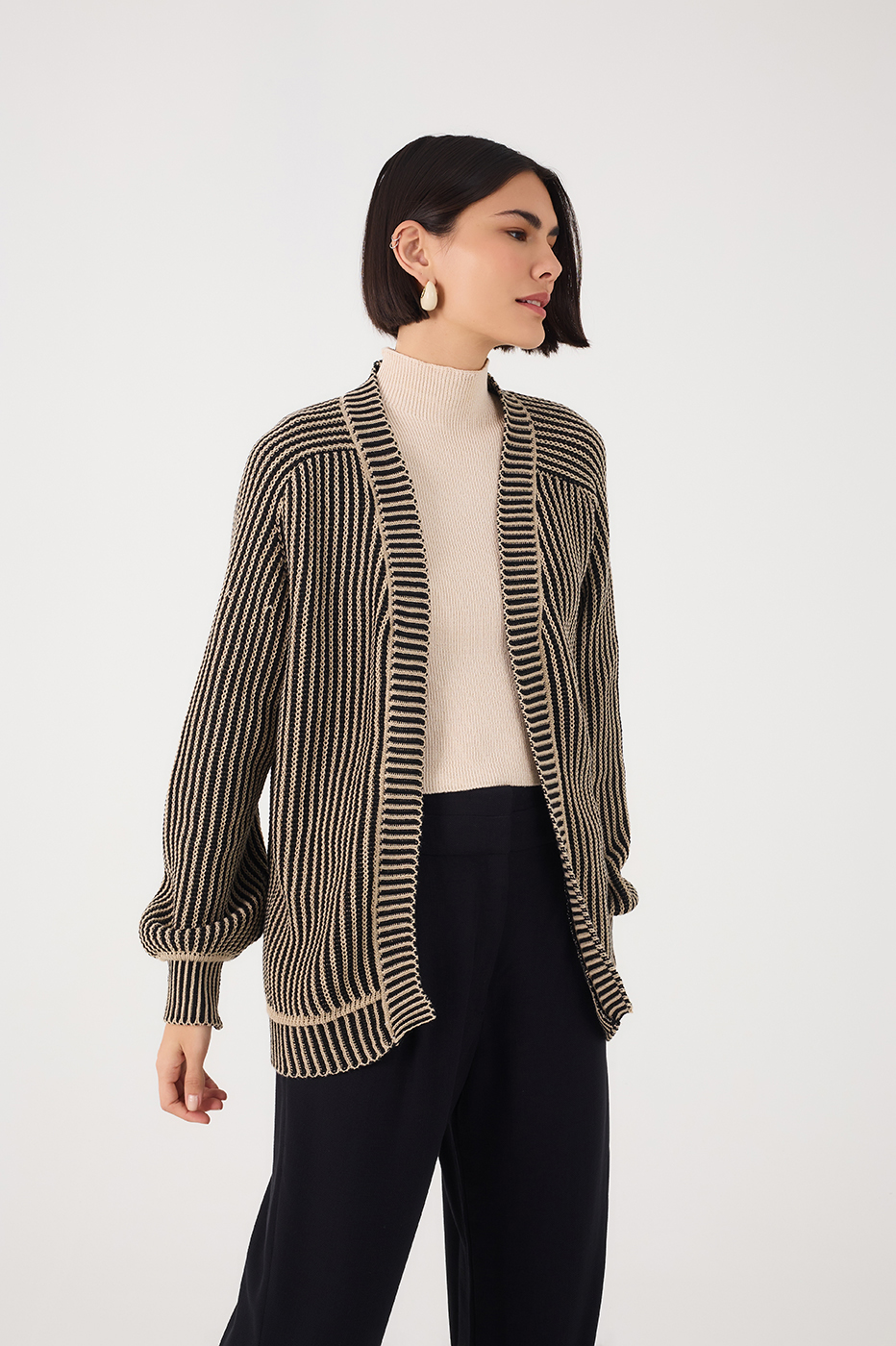 Off-White And Black V Neck Cuffed Tricot Cardigan