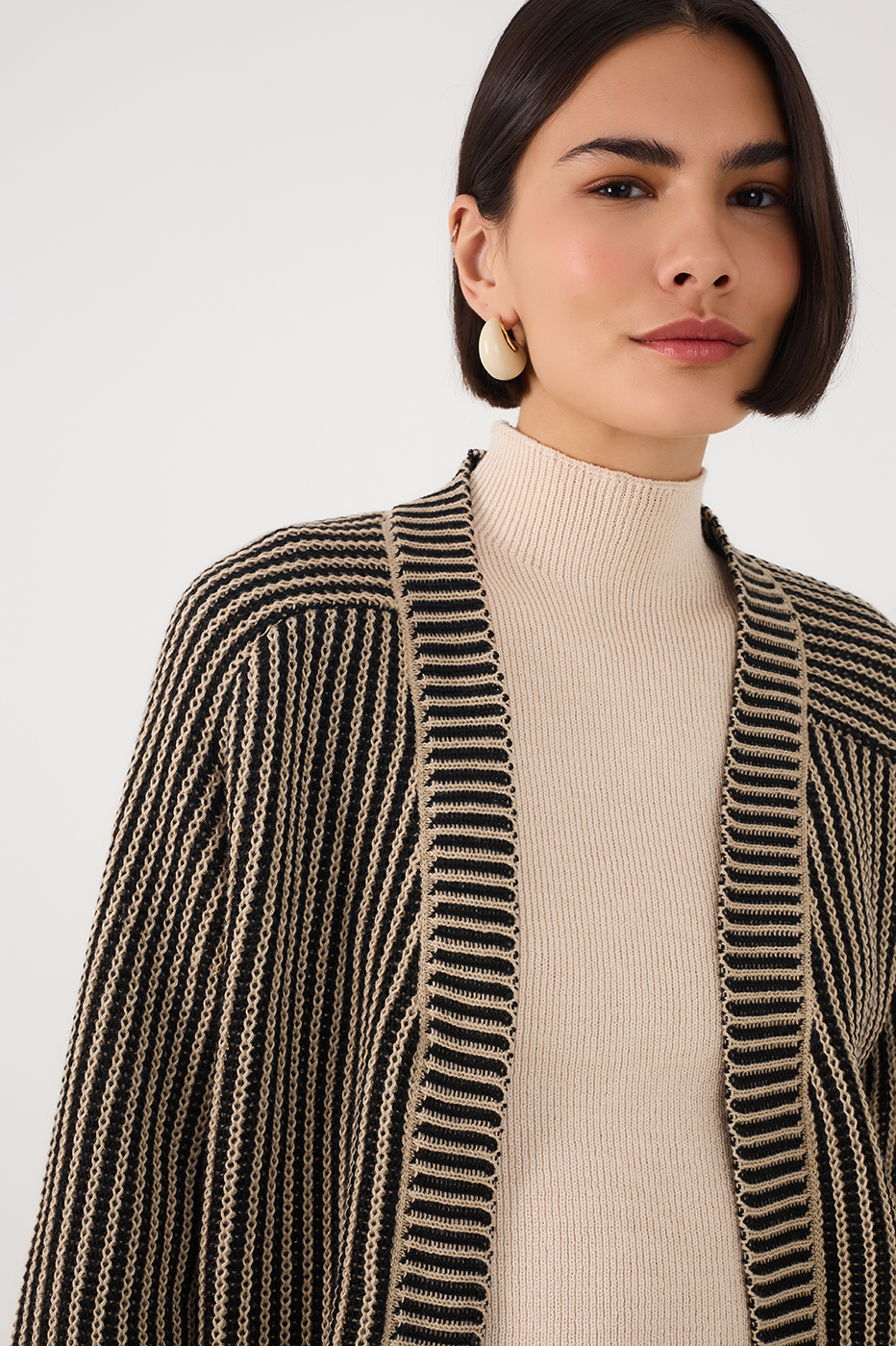 Off-White And Black V Neck Cuffed Tricot Cardigan