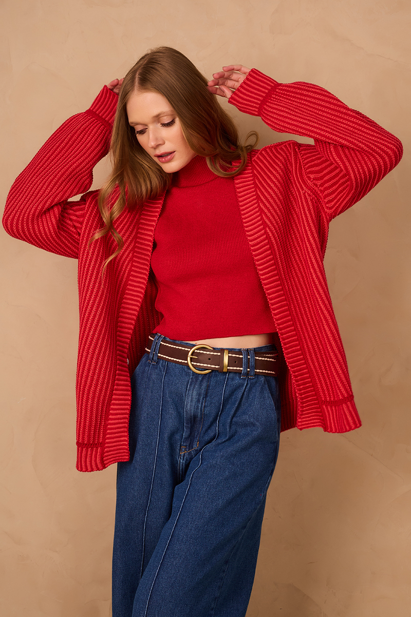 Red Encanto Cuffed Tricot Cardigan