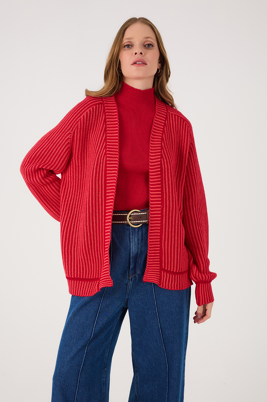 Red Encanto V Neck Cuffed Tricot Cardigan