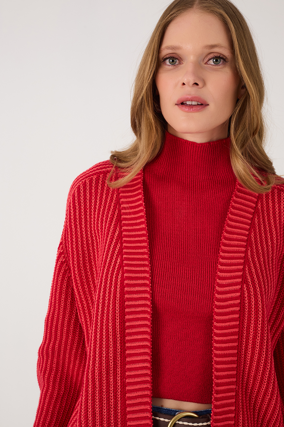 Red Encanto V Neck Cuffed Tricot Cardigan