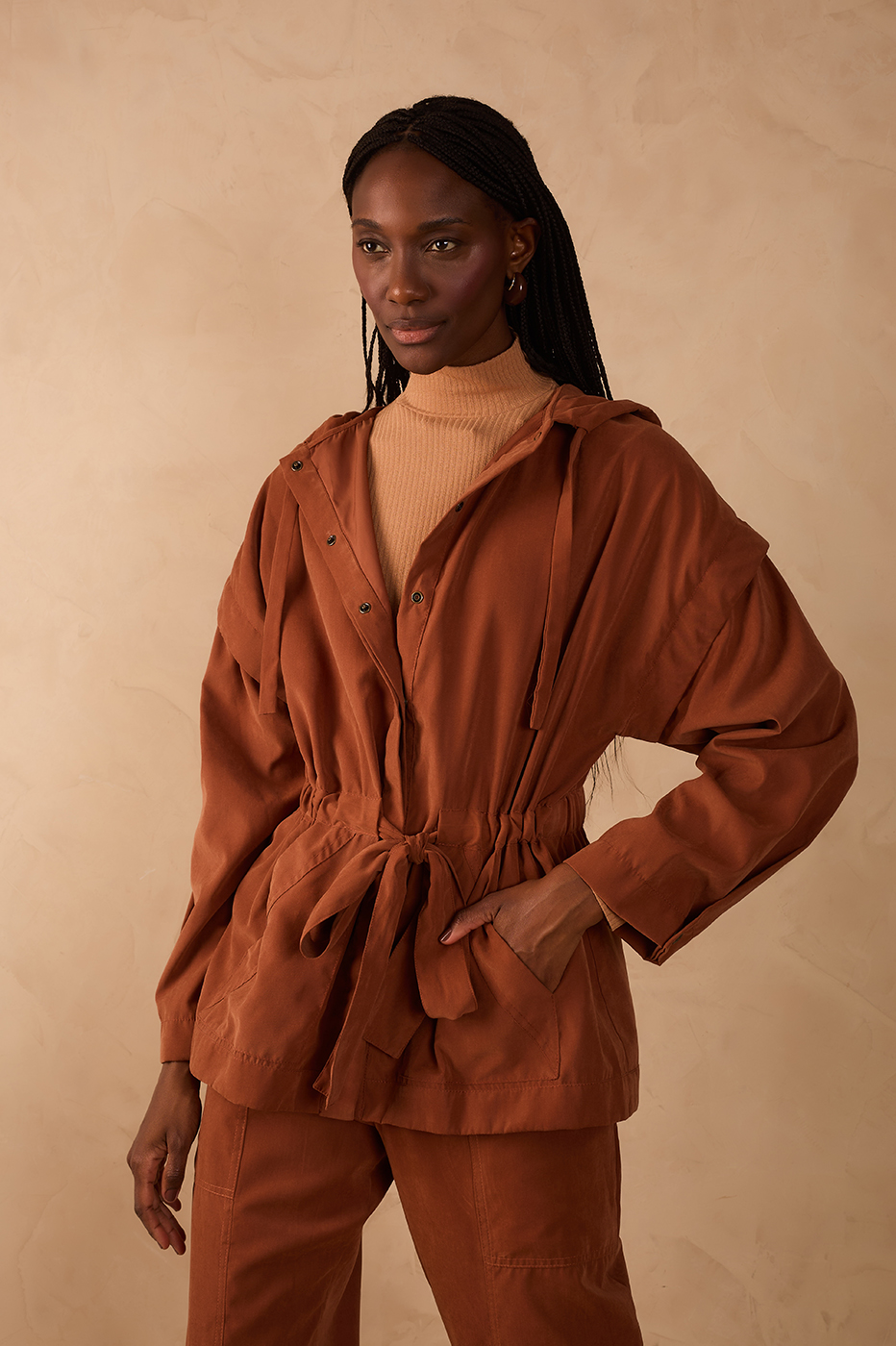 Brown Mate Belted Buttoned Hood Parka Jacket