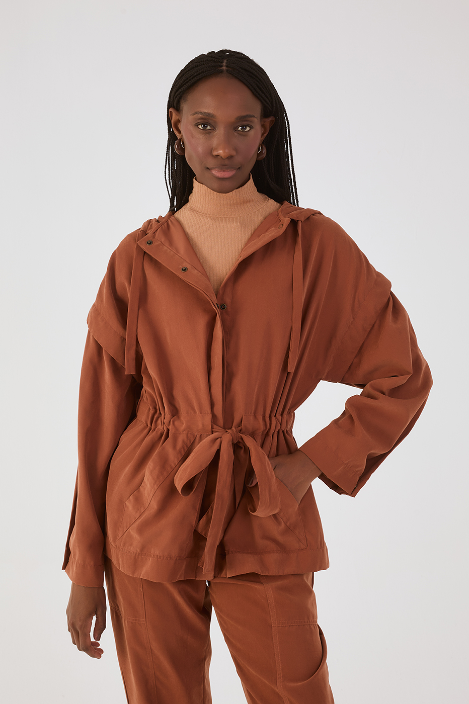 Brown Mate Belted Buttoned Hood Parka Jacket