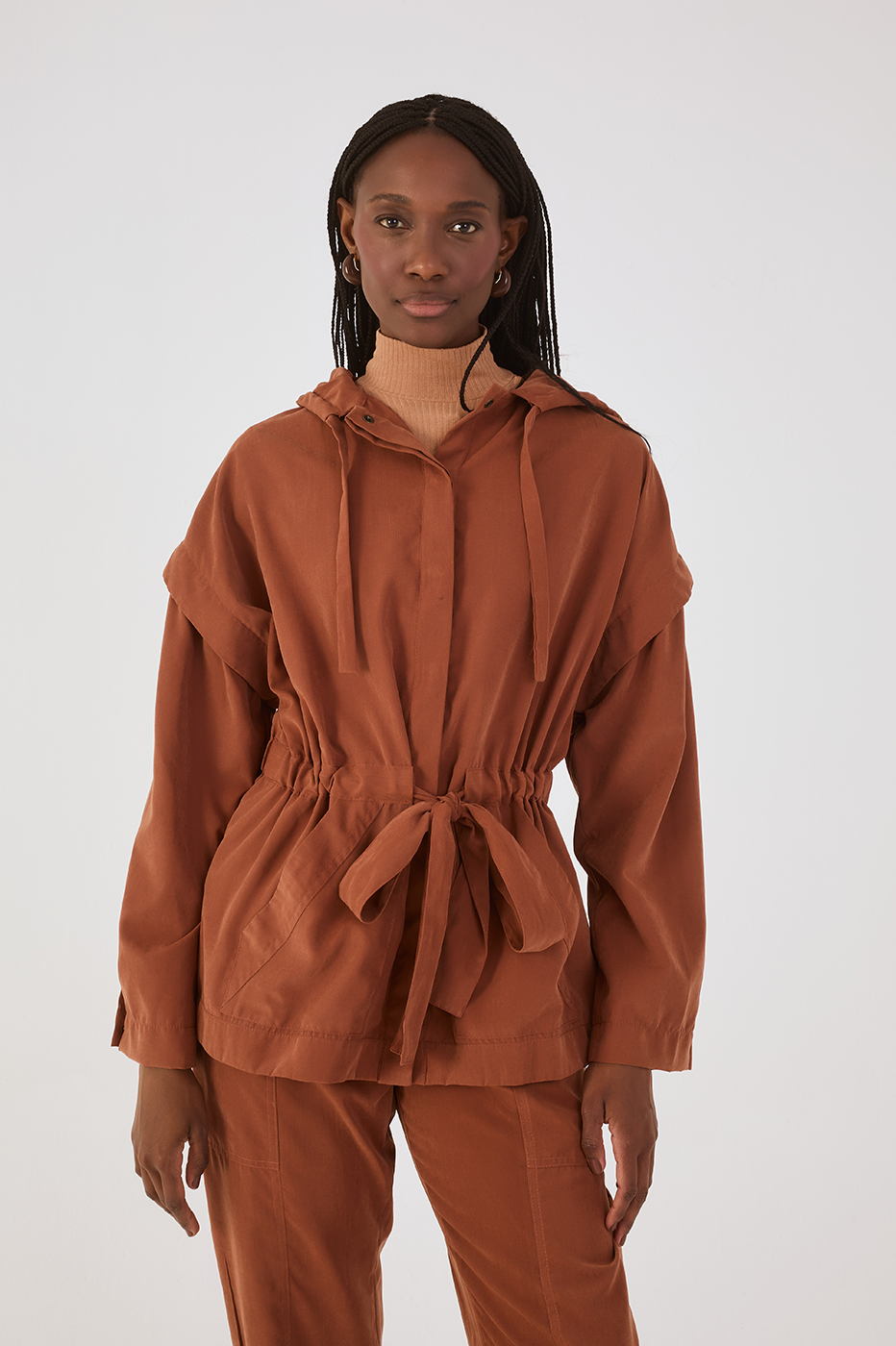Brown Mate Belted Buttoned Hood Parka Jacket
