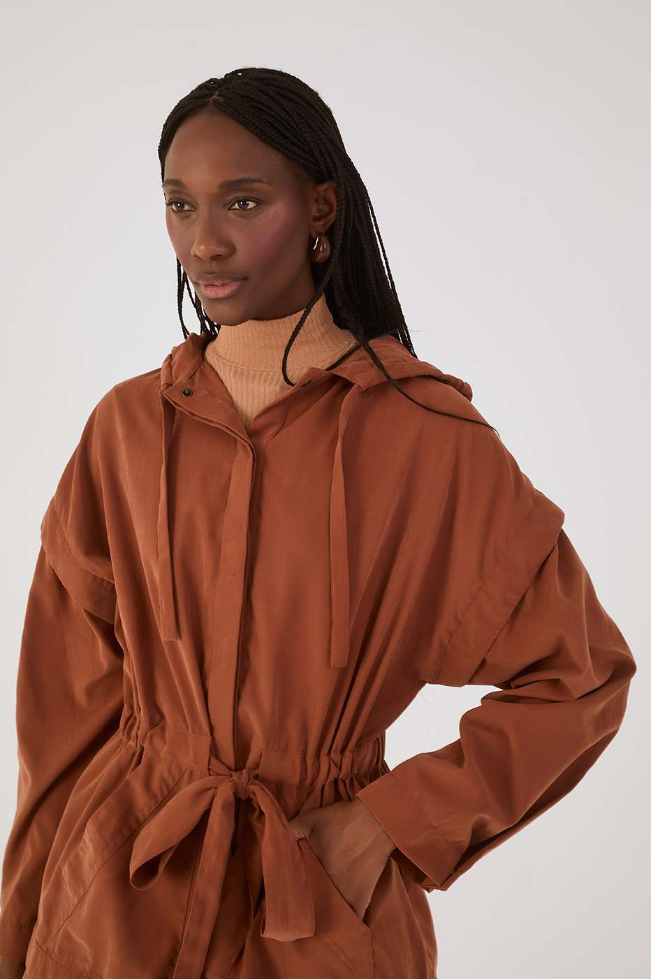 Brown Mate Belted Buttoned Hood Parka Jacket