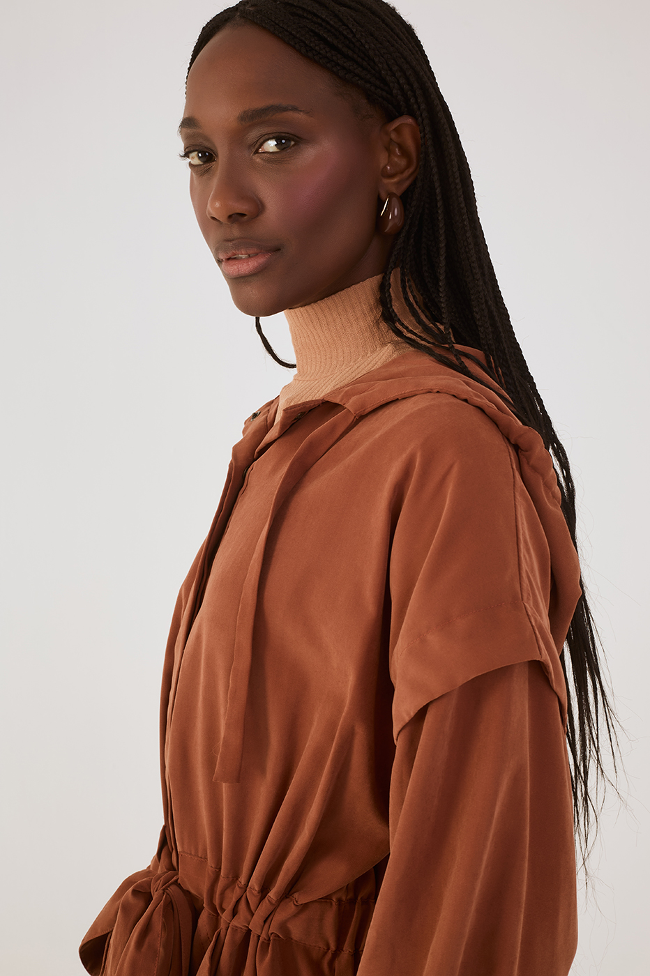 Brown Mate Belted Buttoned Hood Parka Jacket