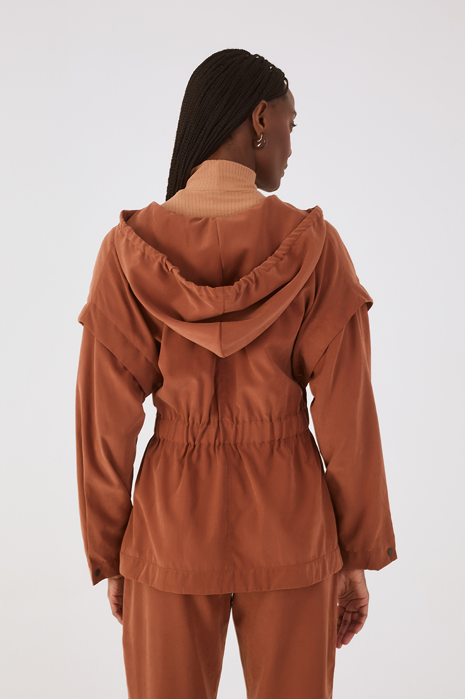 Brown Mate Belted Buttoned Hood Parka Jacket