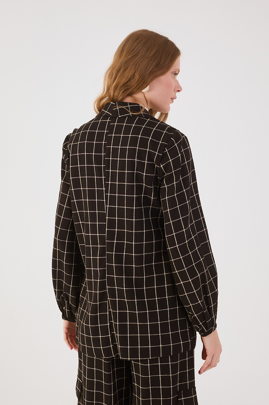 Black Plaid Lapel Buttoned Linen Blazer
